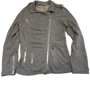 POL Gray Cotton Blend Jacket Size Small Moto Style Pockets Zippered Terry Lined
